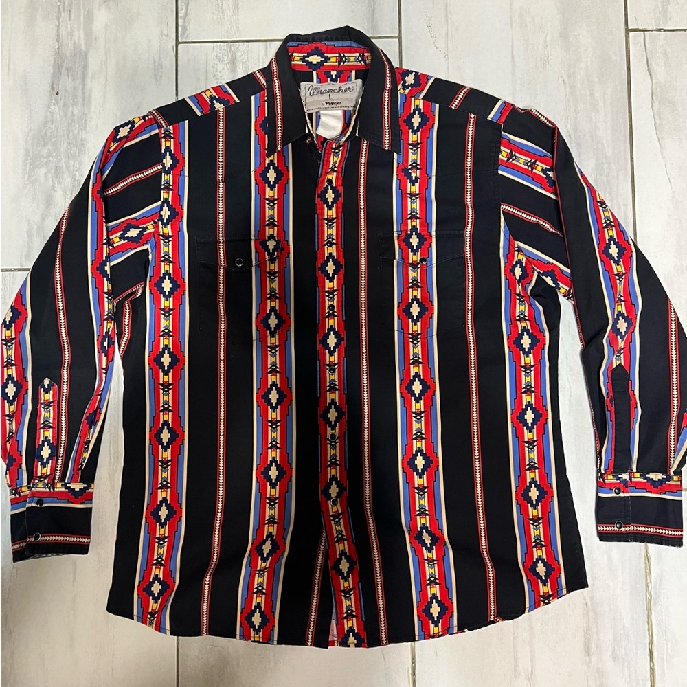 Wrangler Shirt Mens Large Black Red Vintage Aztec Brushpopper Long Sleeve Snap